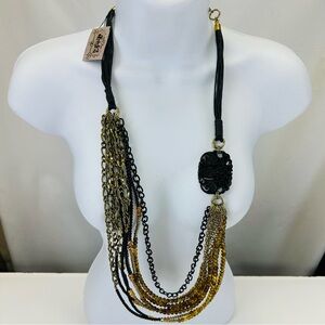 Treska NEW Mandarin necklace gold black multi chain carved resin Chunky 36in